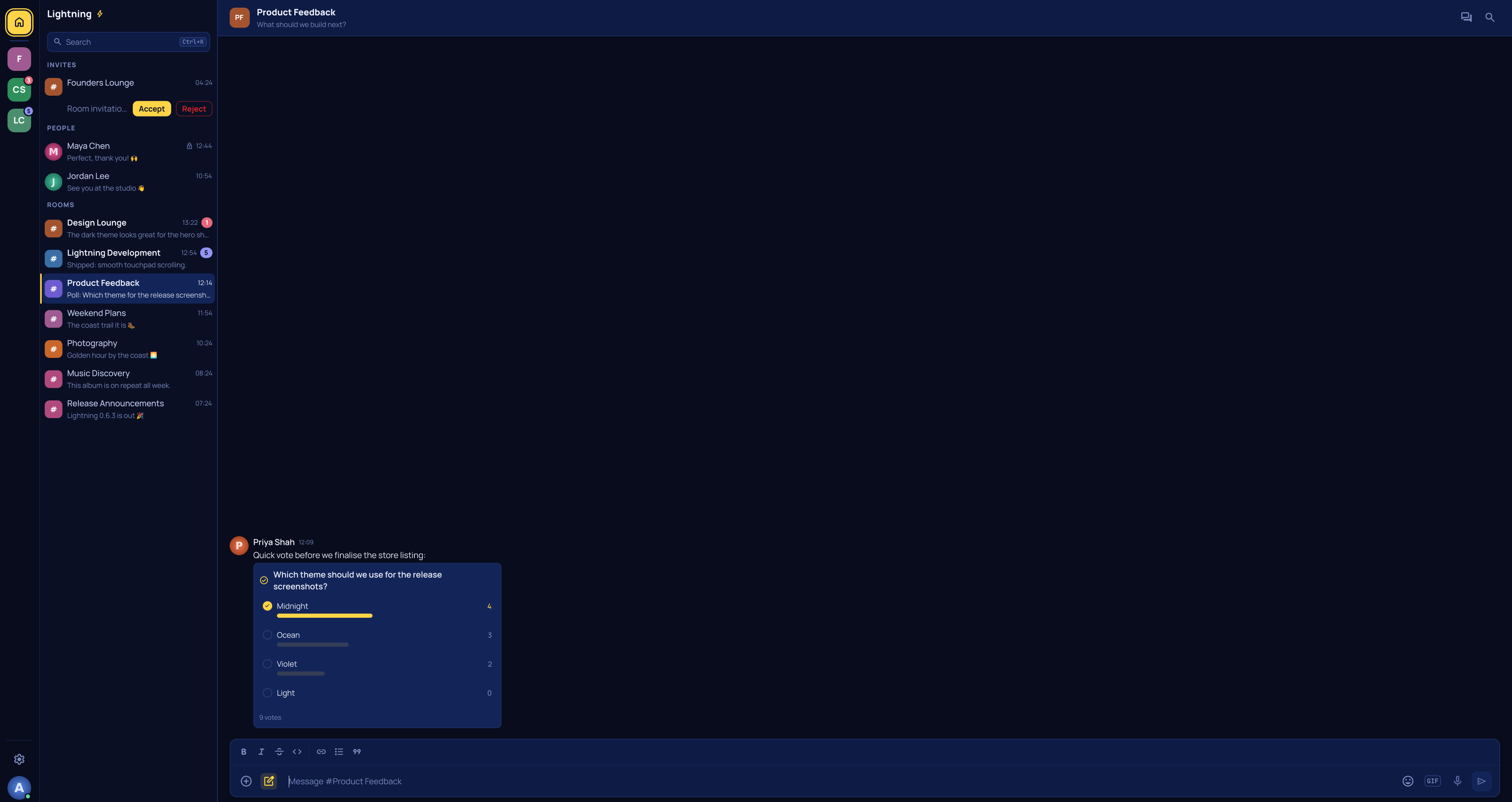 A poll with four options and live vote counts in a room timeline