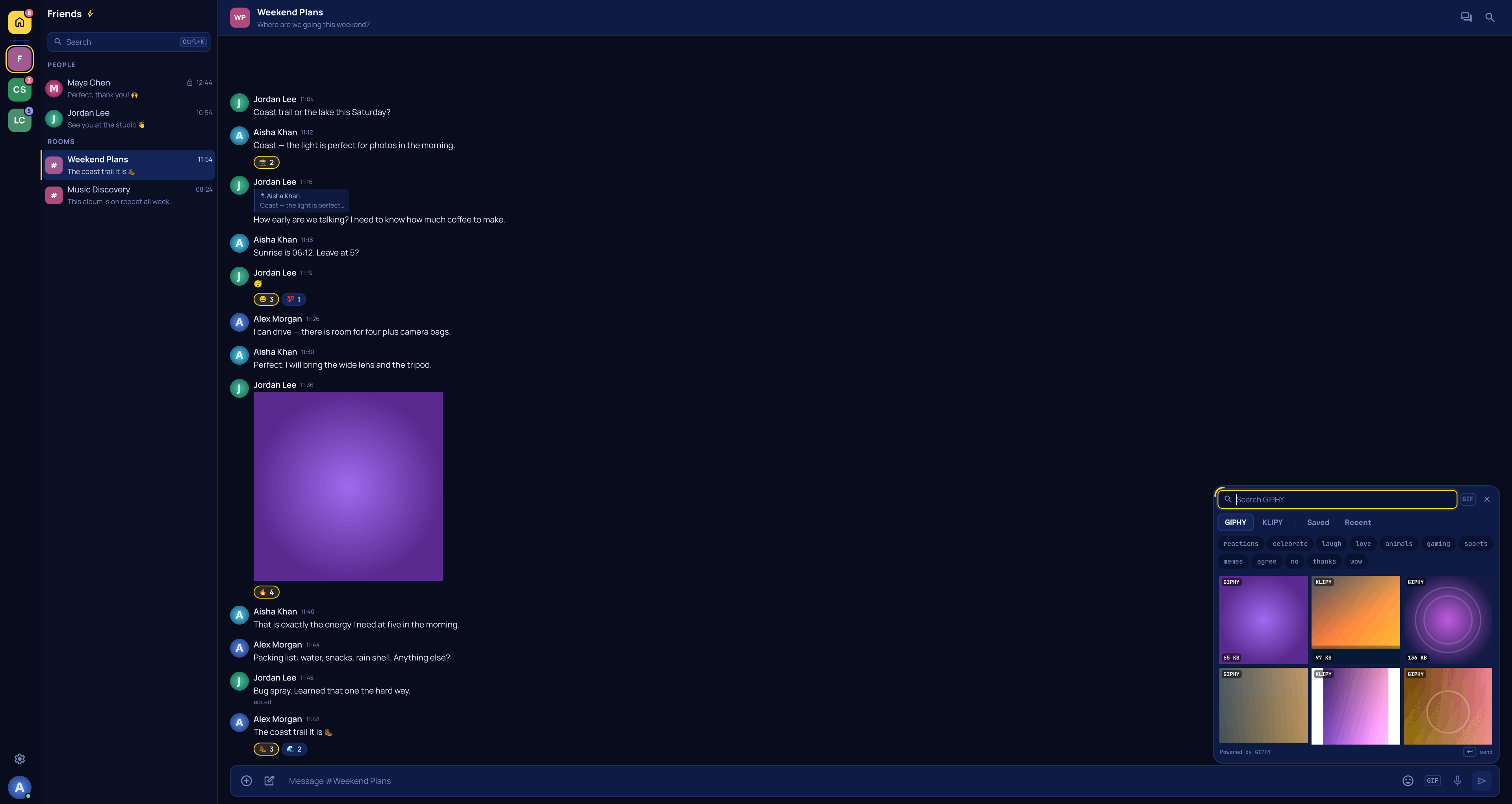 A room timeline with replies, reactions, an image and the GIF picker open over the composer