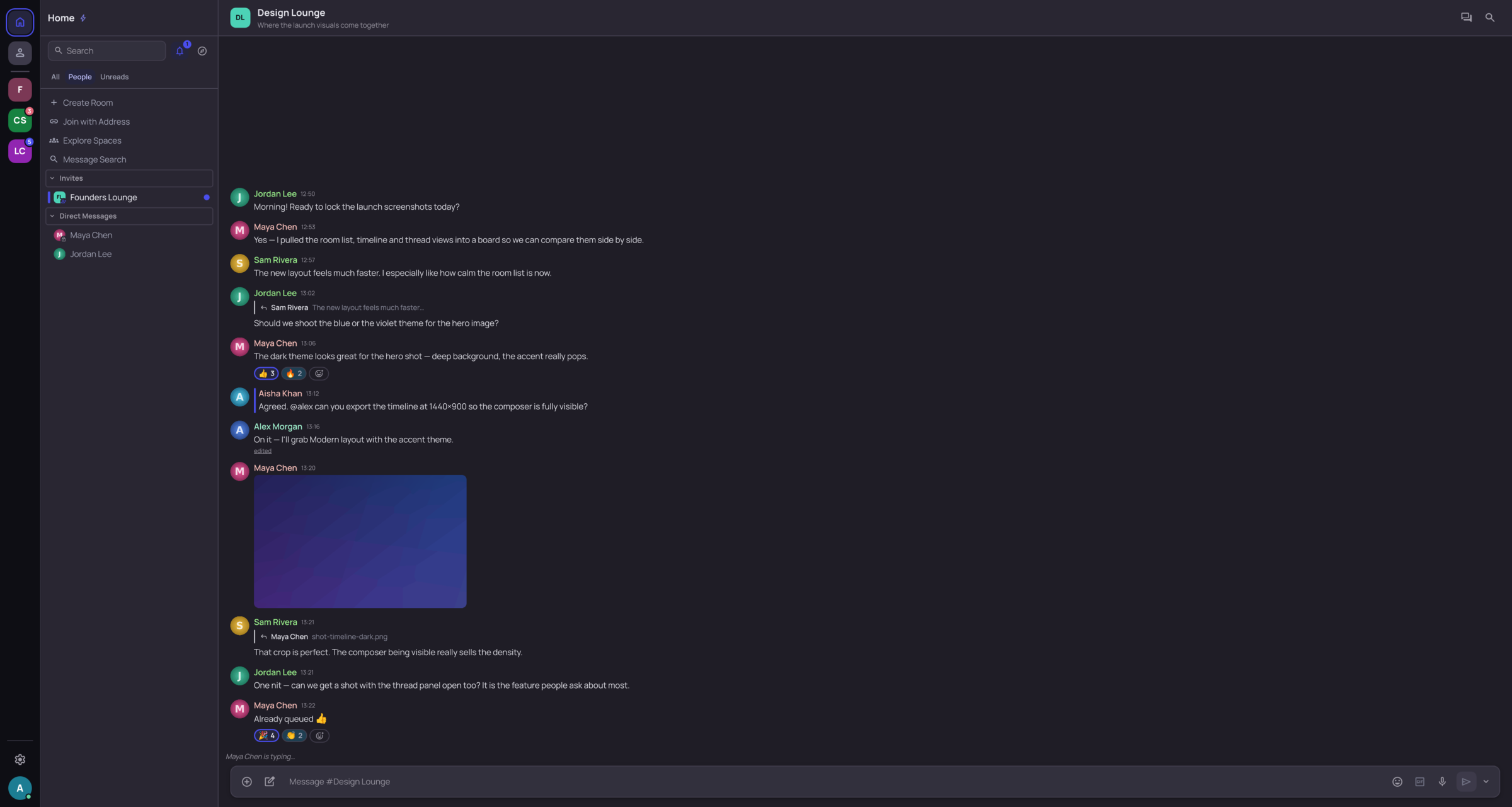 Lightning showing a room timeline, direct messages and an invite