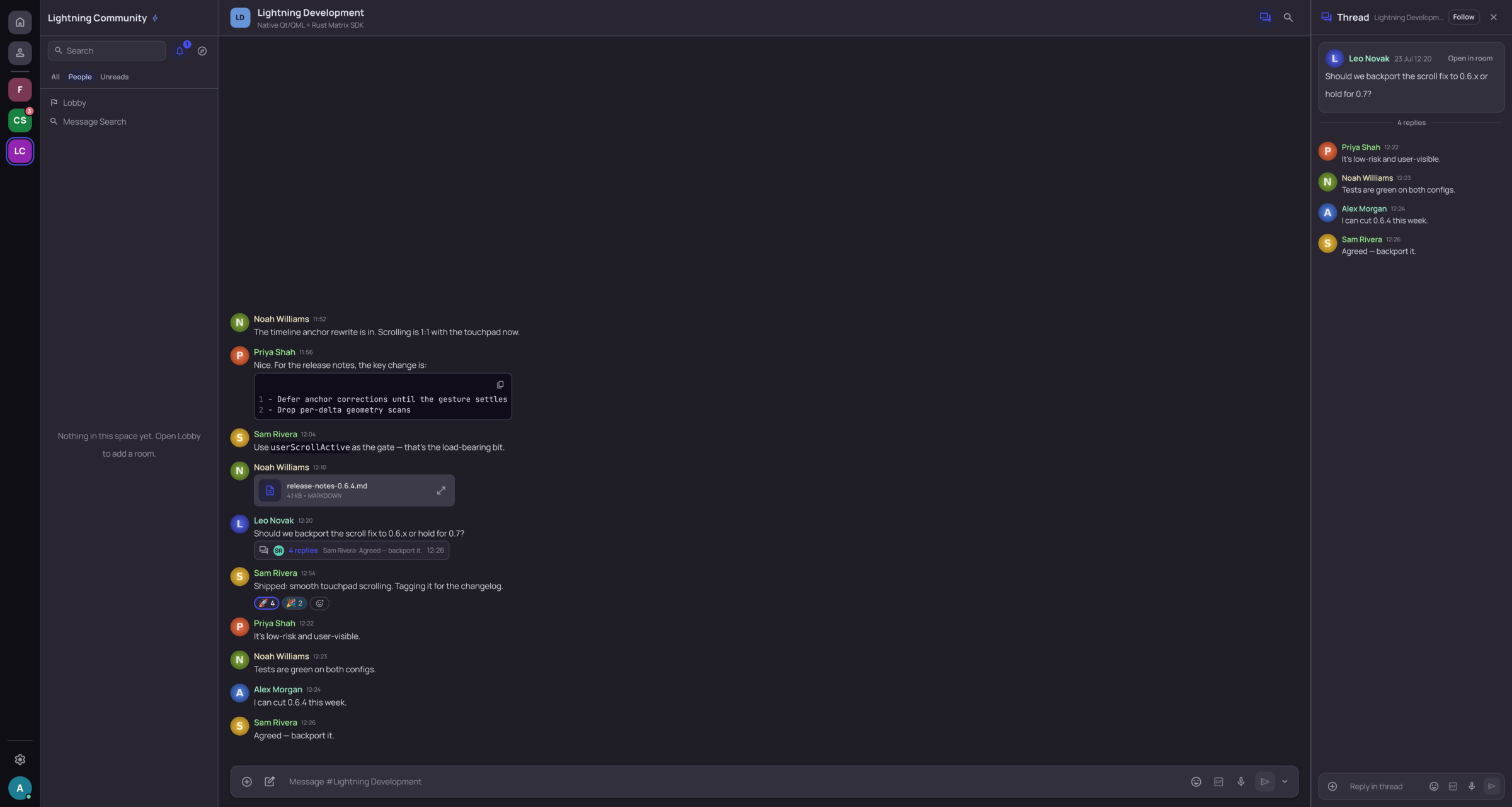 A thread panel open beside a room timeline in Lightning